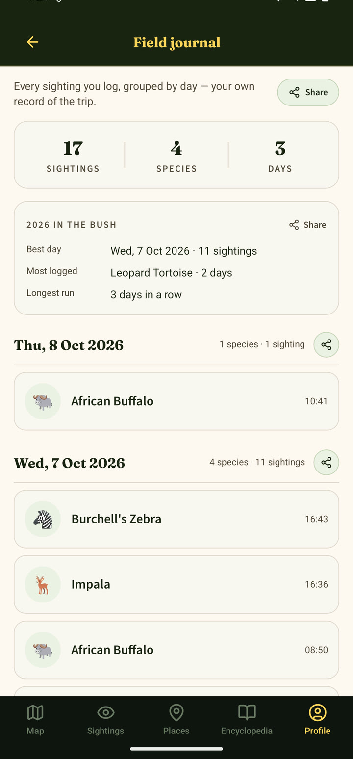 VeldGuide field journal with trip stats and a dated list of sightings