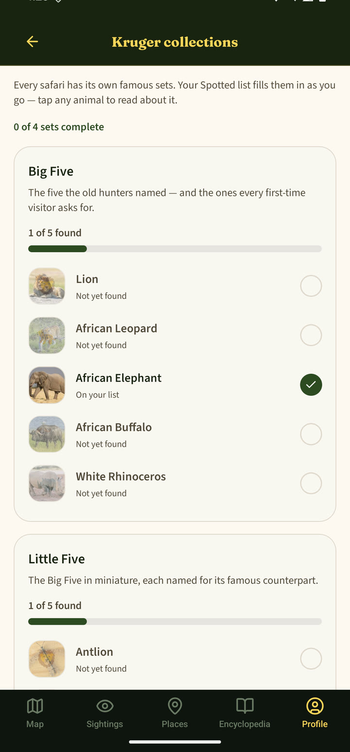 Kruger collections screen showing the Big Five and Little Five with progress