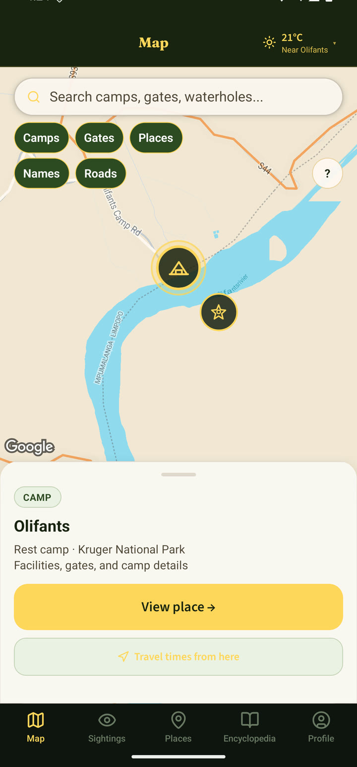 VeldGuide map showing camps, gates, roads and a selected rest camp