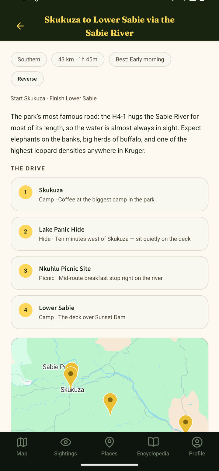 Skukuza to Lower Sabie route with numbered stops, distance and best time to drive